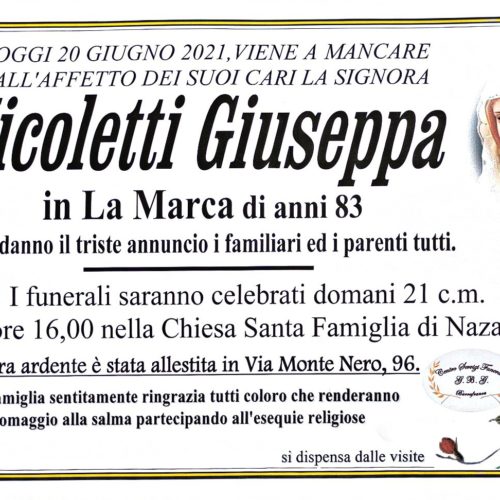 Annuncio servizi funerari agenzia G.B.G. sig.ra Nicoletti Giuseppa in La Marca di anni 83