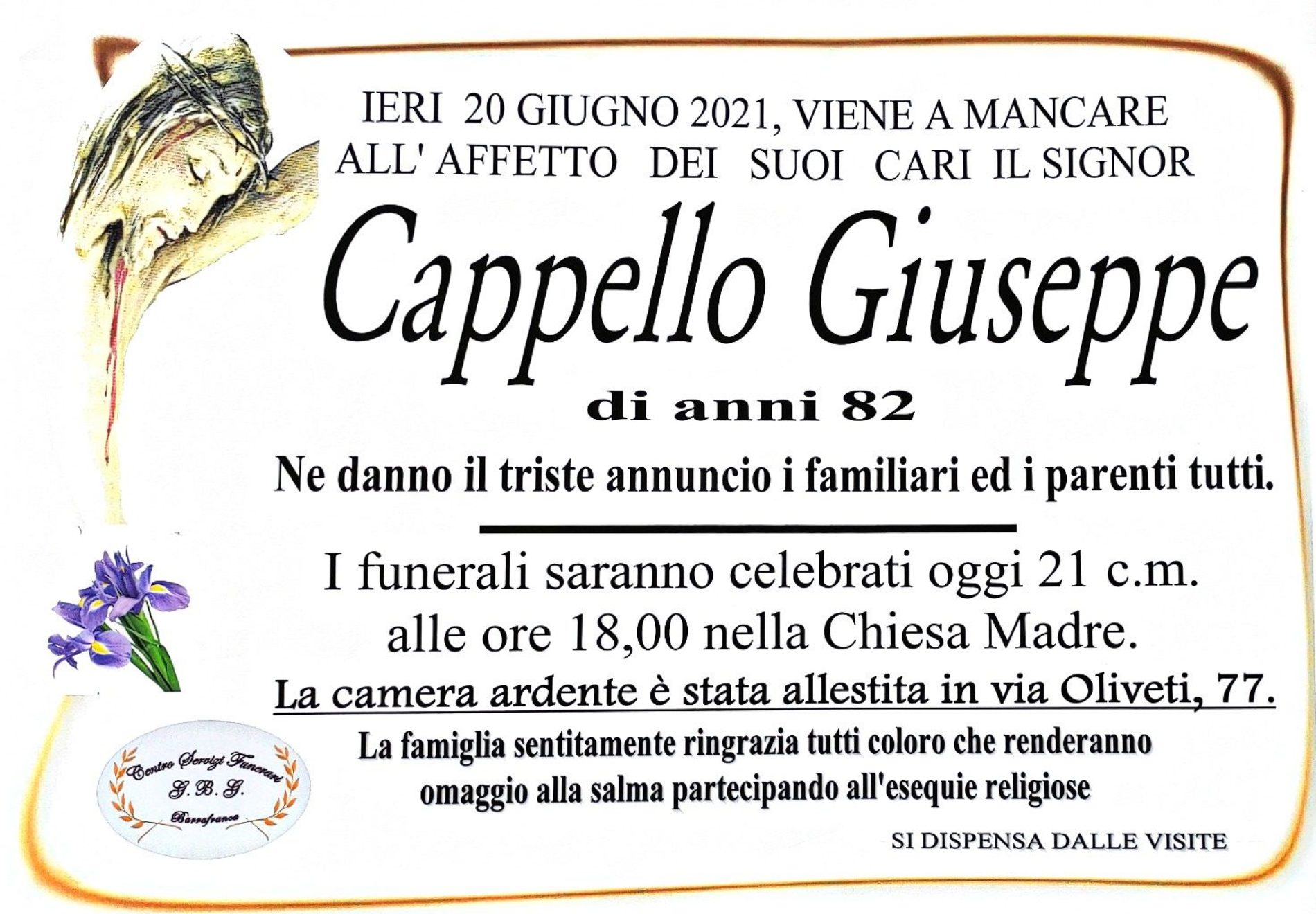 Barrafranca. Annuncio servizi funerari agenzia G.B.G sig. Cappello Giuseppe di anni 82