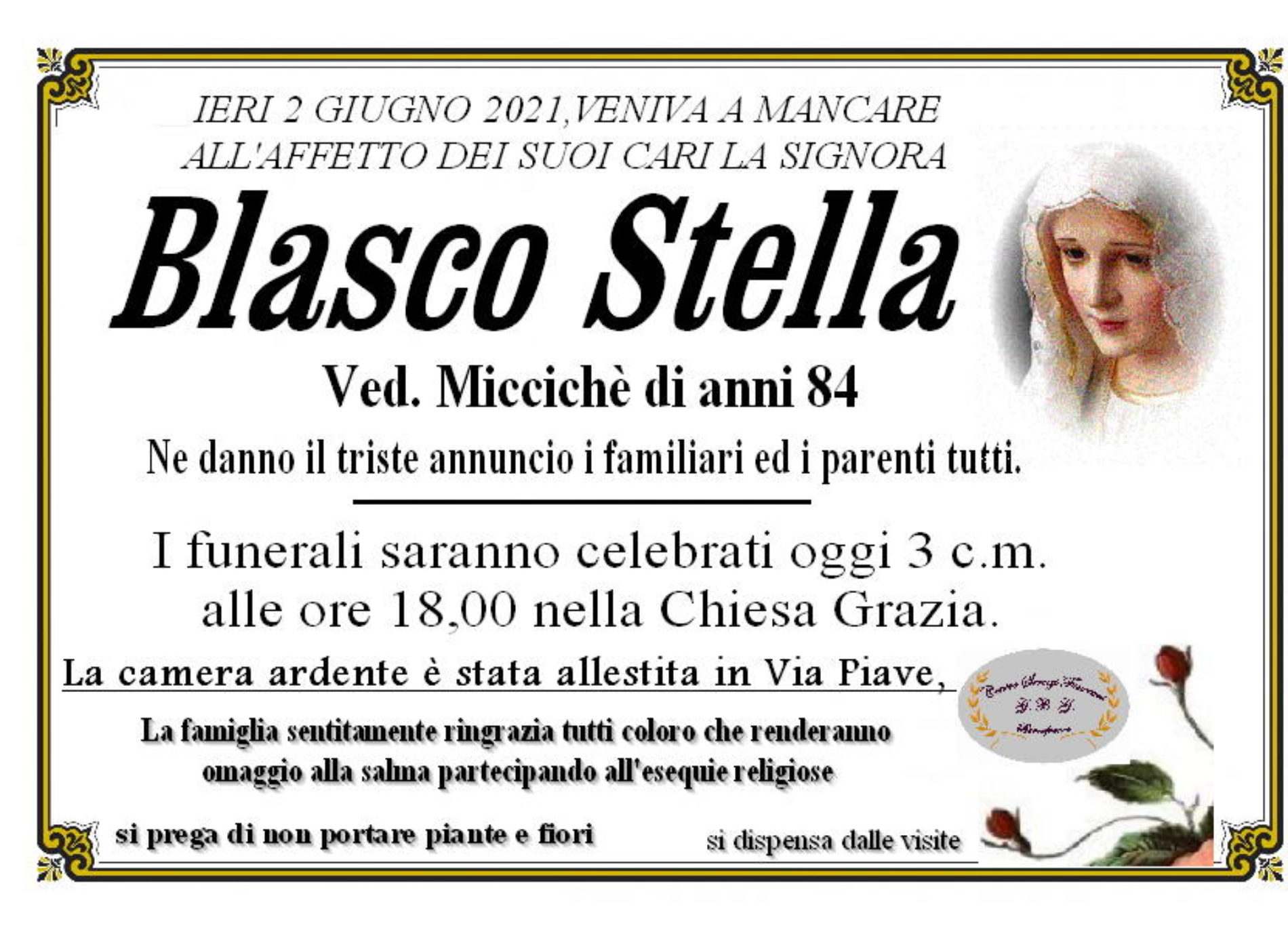 Annuncio servizi funerari agenzia G.B.G. sig.ra Blasco Stella ved. Miccihè di anni 84