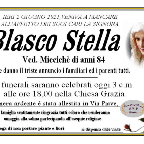 Annuncio servizi funerari agenzia G.B.G. sig.ra Blasco Stella ved. Miccihè di anni 84