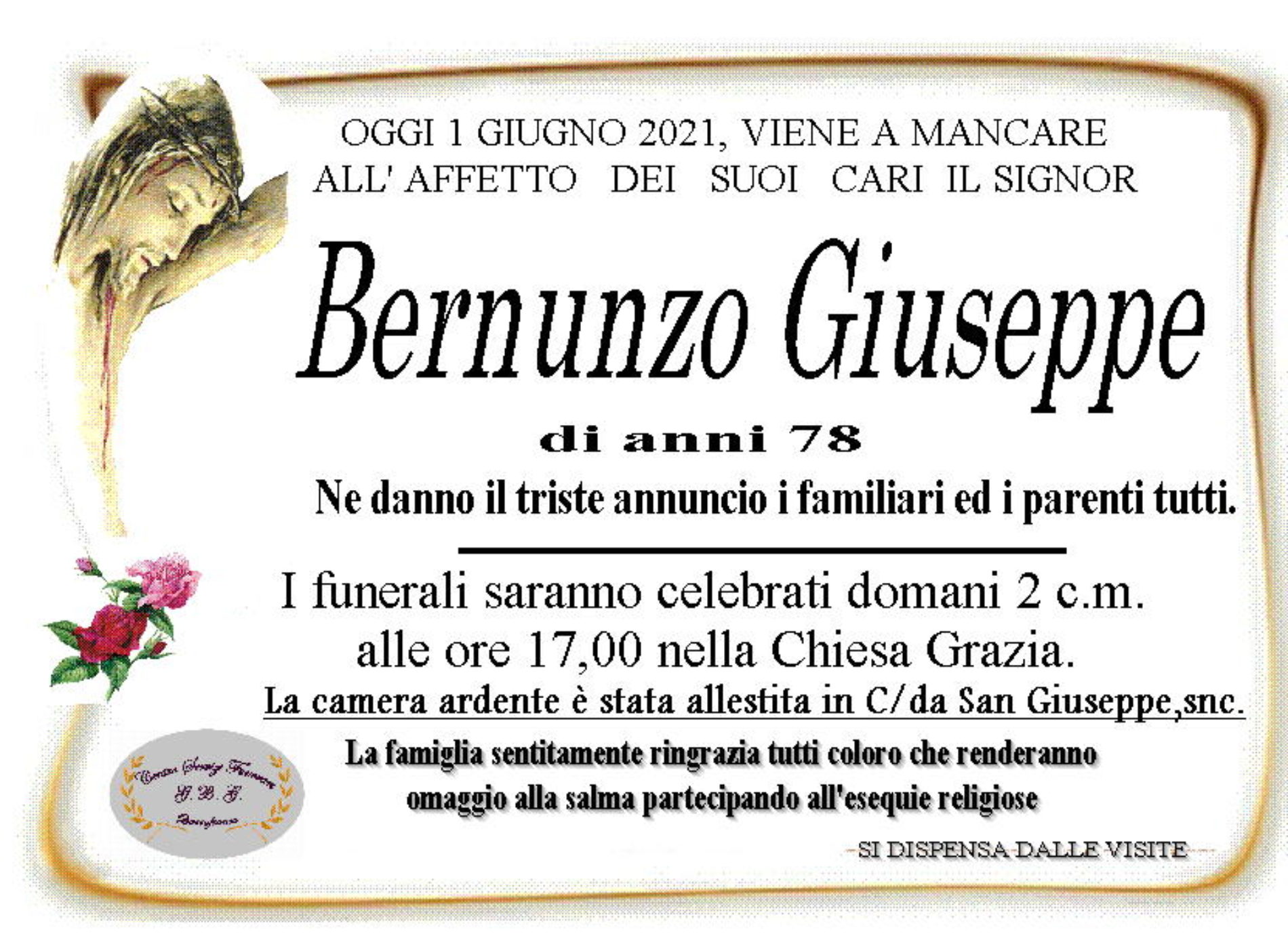 Annuncio servizi funerari agenzia G.B.G. sig. Bernunzo Giuseppe di anni 78