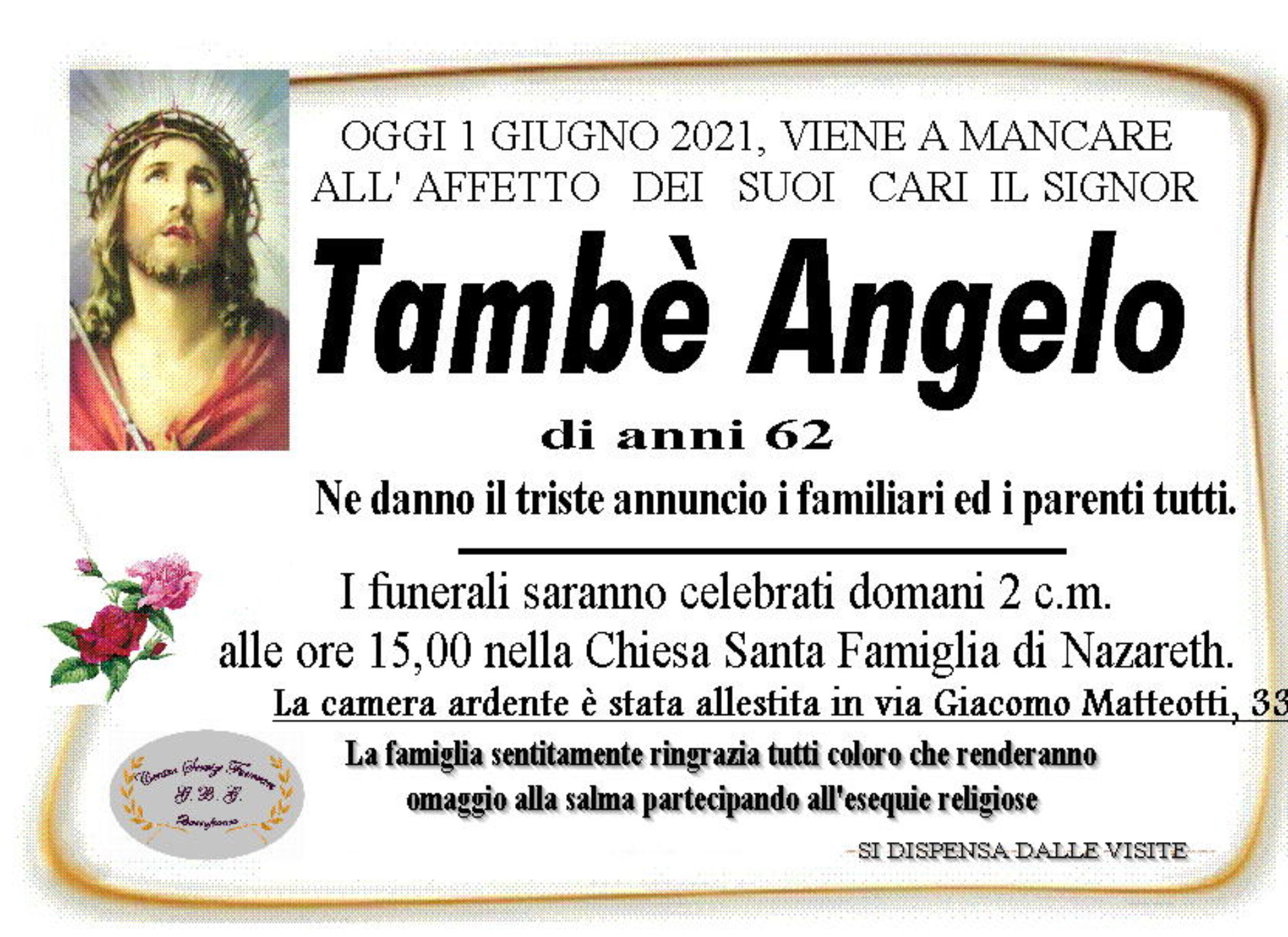 Annuncio servizi funerari agenzia G.B.G. sig. Tambè Angelo di anni 62