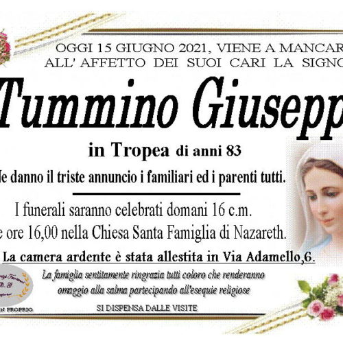 Annuncio servizi funerari agenzia G.B.G. sig.ra Tummino Giuseppa in Tropea di anni 83