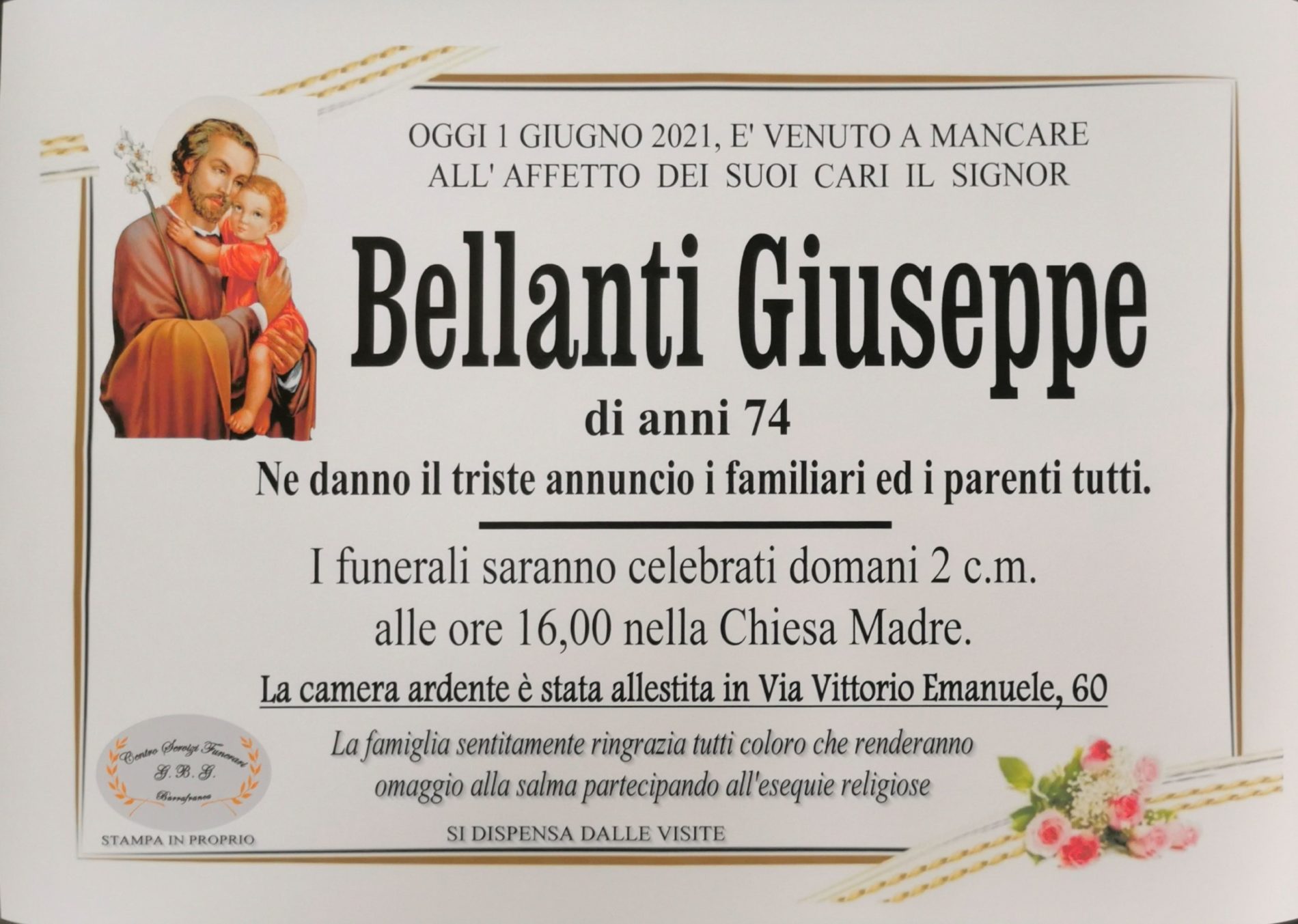 Annuncio servizi funerari agenzia G.B.G. sig. Bellanti Giuseppe di anni 74