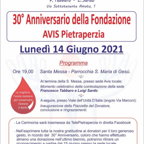 PIETRAPERZIA. Celebrazioni per il 30° della fondazione Avis di Pietraperzia