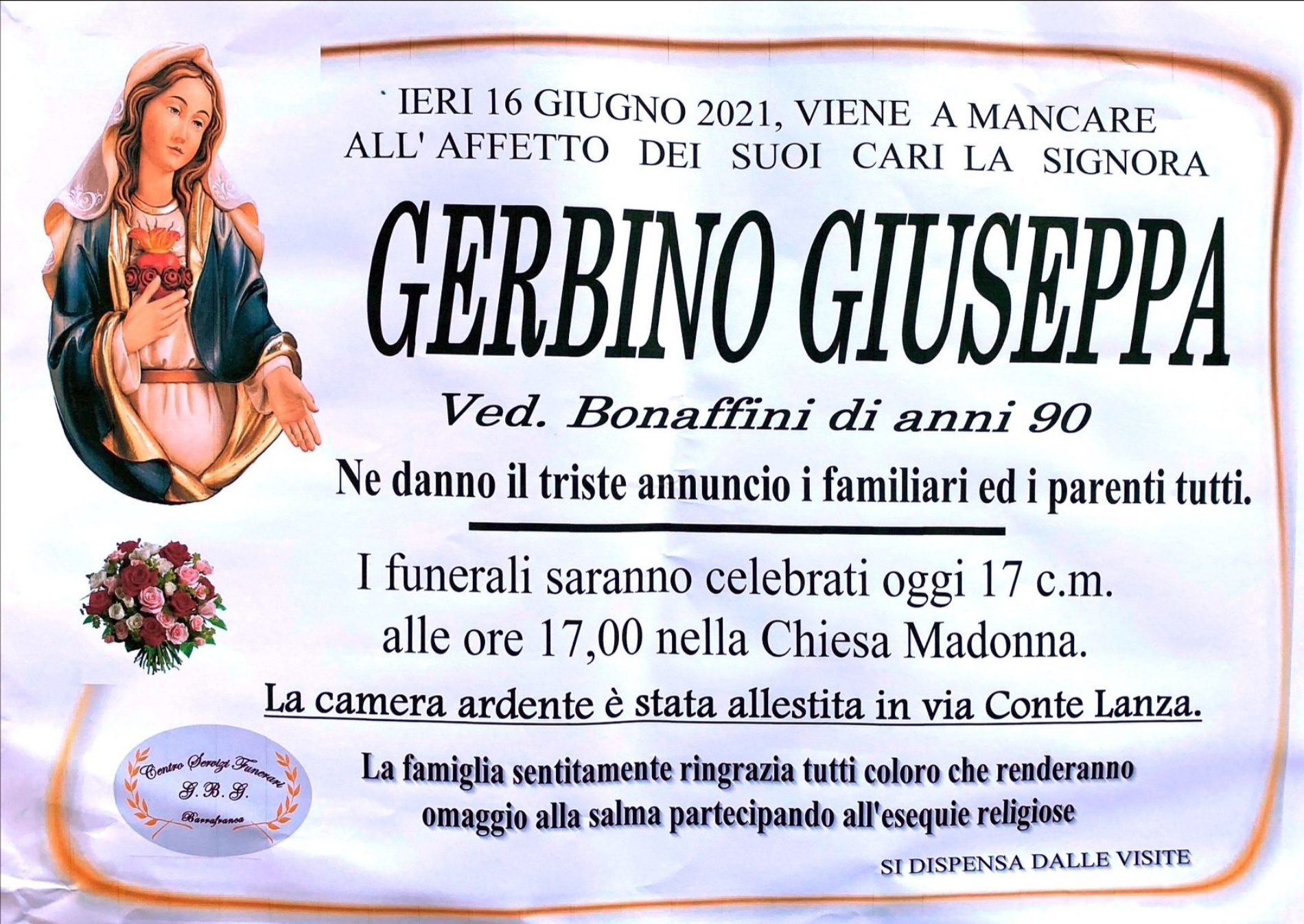 Annuncio servizi funerari agenzia G.B.G. sig.ra Gerbino Giuseppa ved. Bonaffini di anni 90