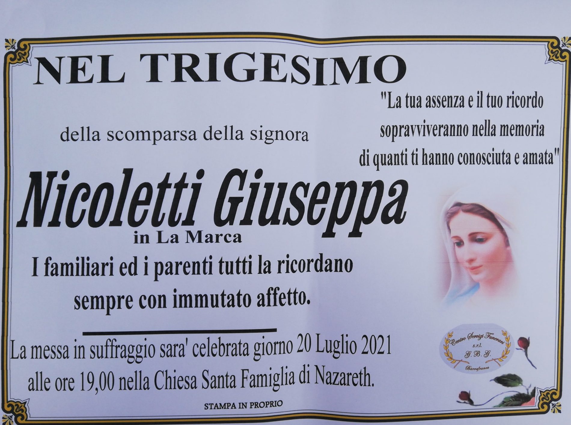 Annuncio servizi  agenzia G.B.G. Trigesimo della sig.ra Nicoletti Giuseppa in La Marca