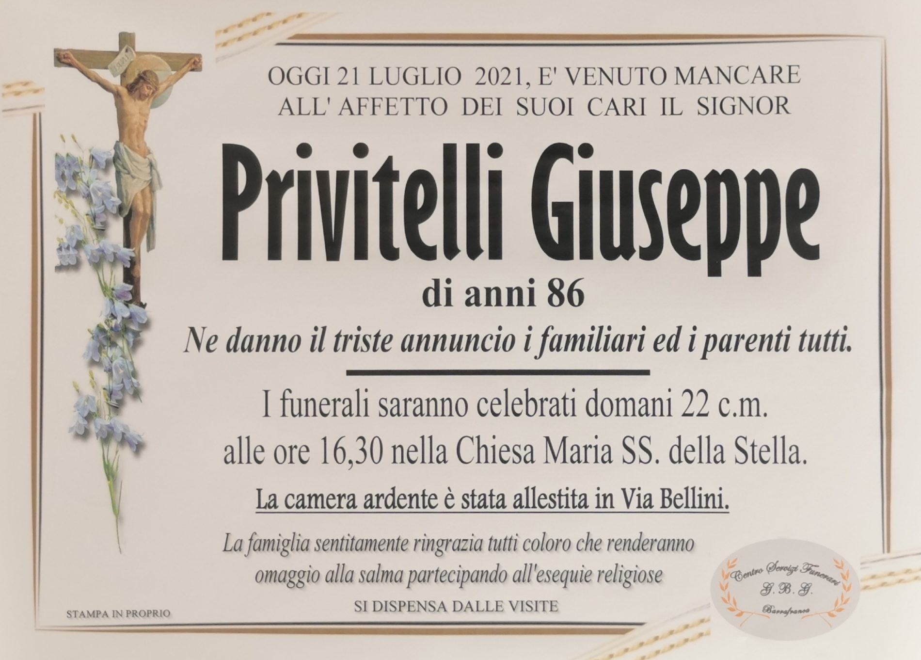 Annuncio servizi funerari Agenzia G.B.G. sig. Privitelli Giuseppe di anni 86