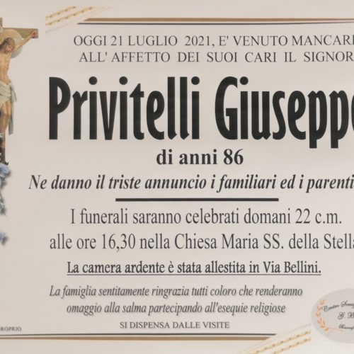 Annuncio servizi funerari Agenzia G.B.G. sig. Privitelli Giuseppe di anni 86