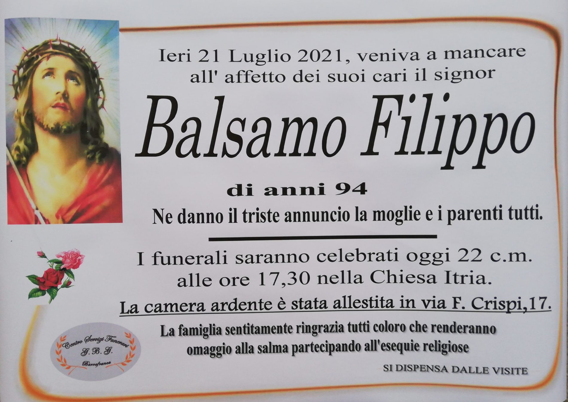 Annuncio servizi funerari Agenzia G.B.G. sig. Balsamo Filippo di anni 94