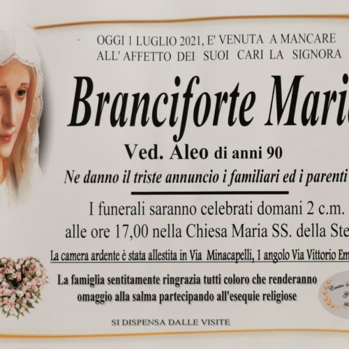 Annuncio servizi funerari agenzia G.B.G. sig.ra Branciforte Maria ved. Aleo di anni 90