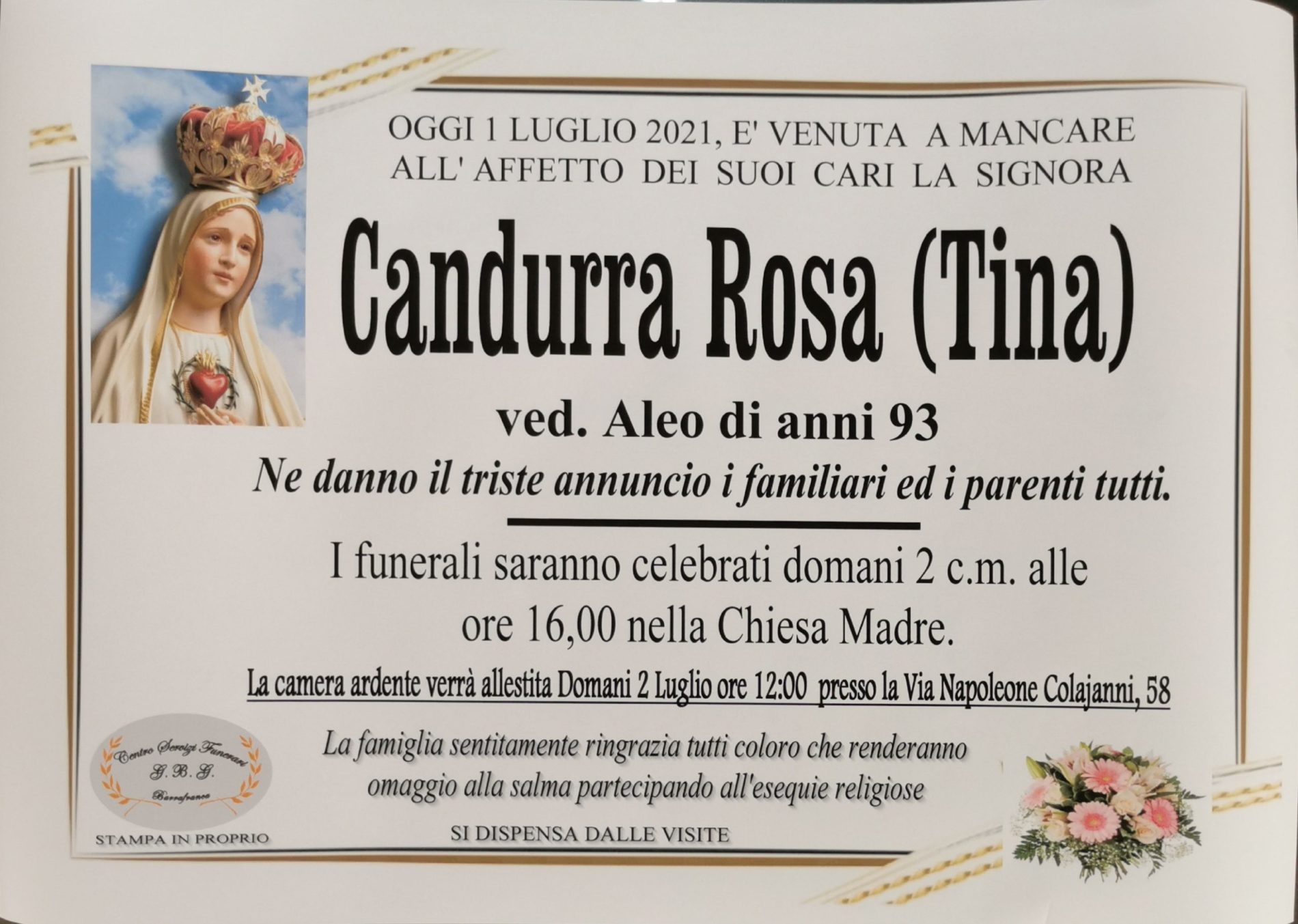 Annuncio servizi funerari agenzia G.B.G. sig.ra Candurra Rosa (Tina) ved. Aleo di anni 93