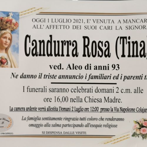 Annuncio servizi funerari agenzia G.B.G. sig.ra Candurra Rosa (Tina) ved. Aleo di anni 93