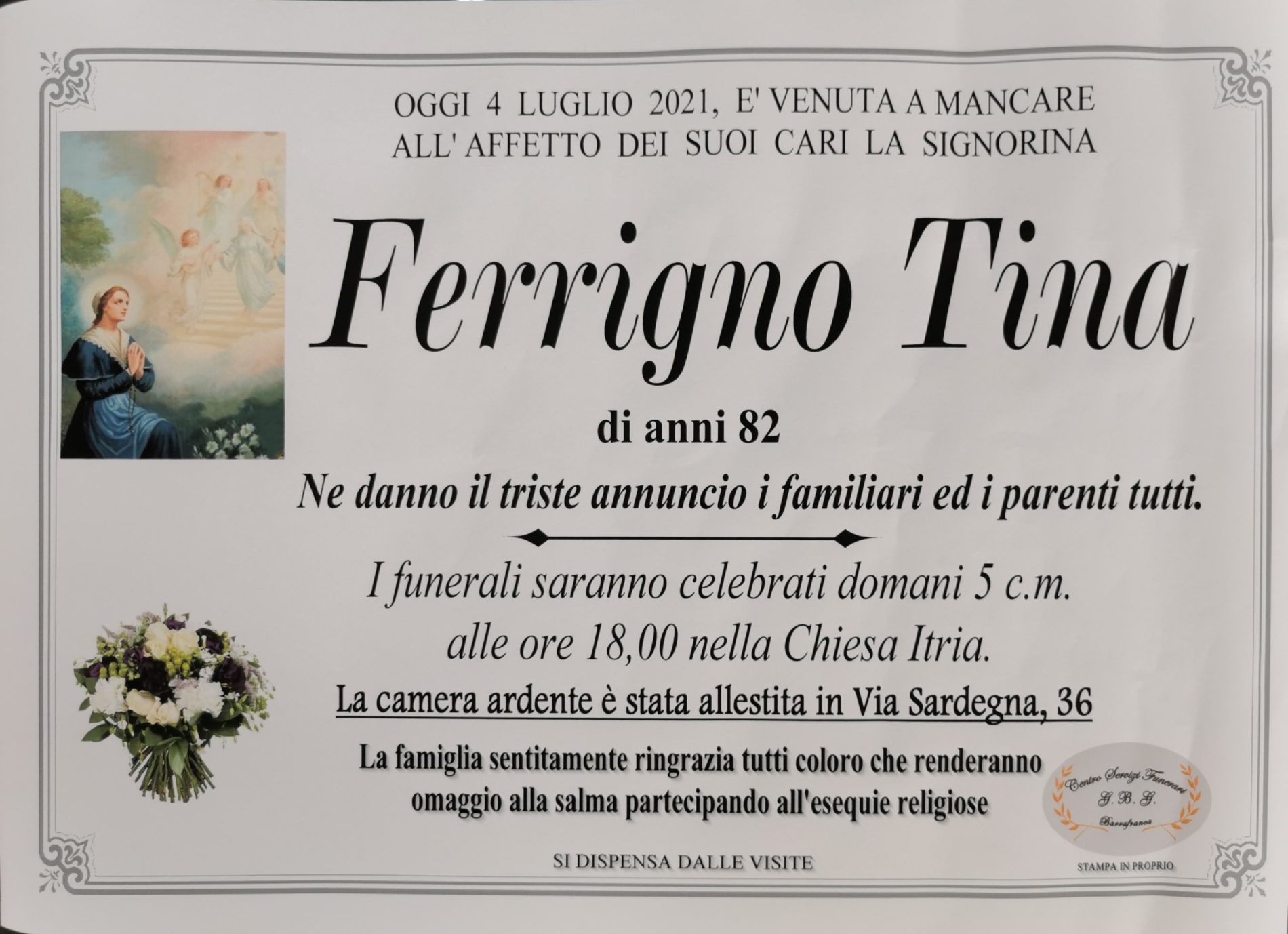 Annuncio servizi funerari agenzia G.B.G. sig.ra Ferrigno Tina di anni 82