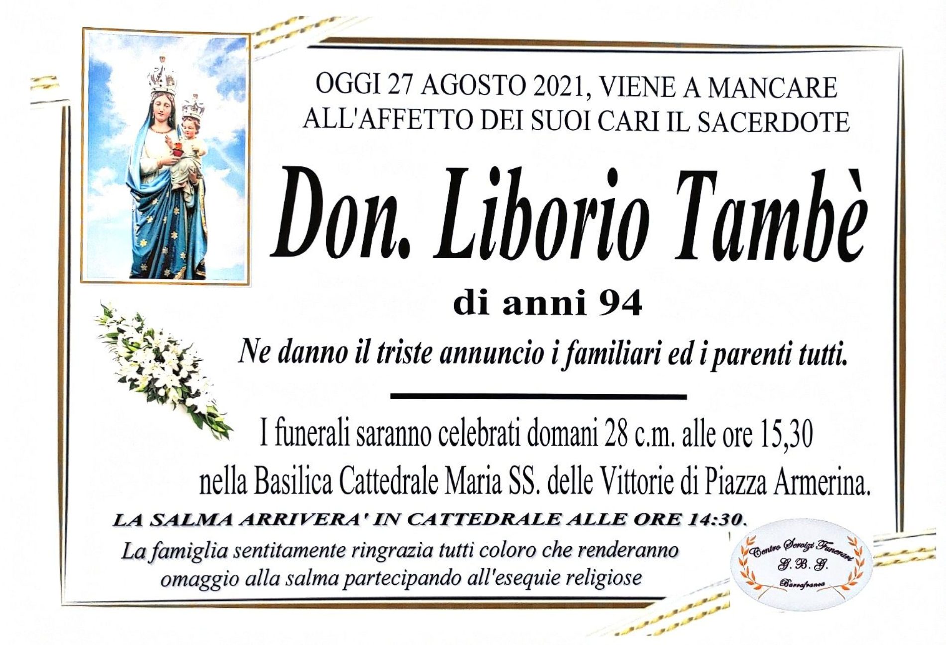 Annuncio servizi funerari agenzia G.B.G. sac. Don Liborio Tambè