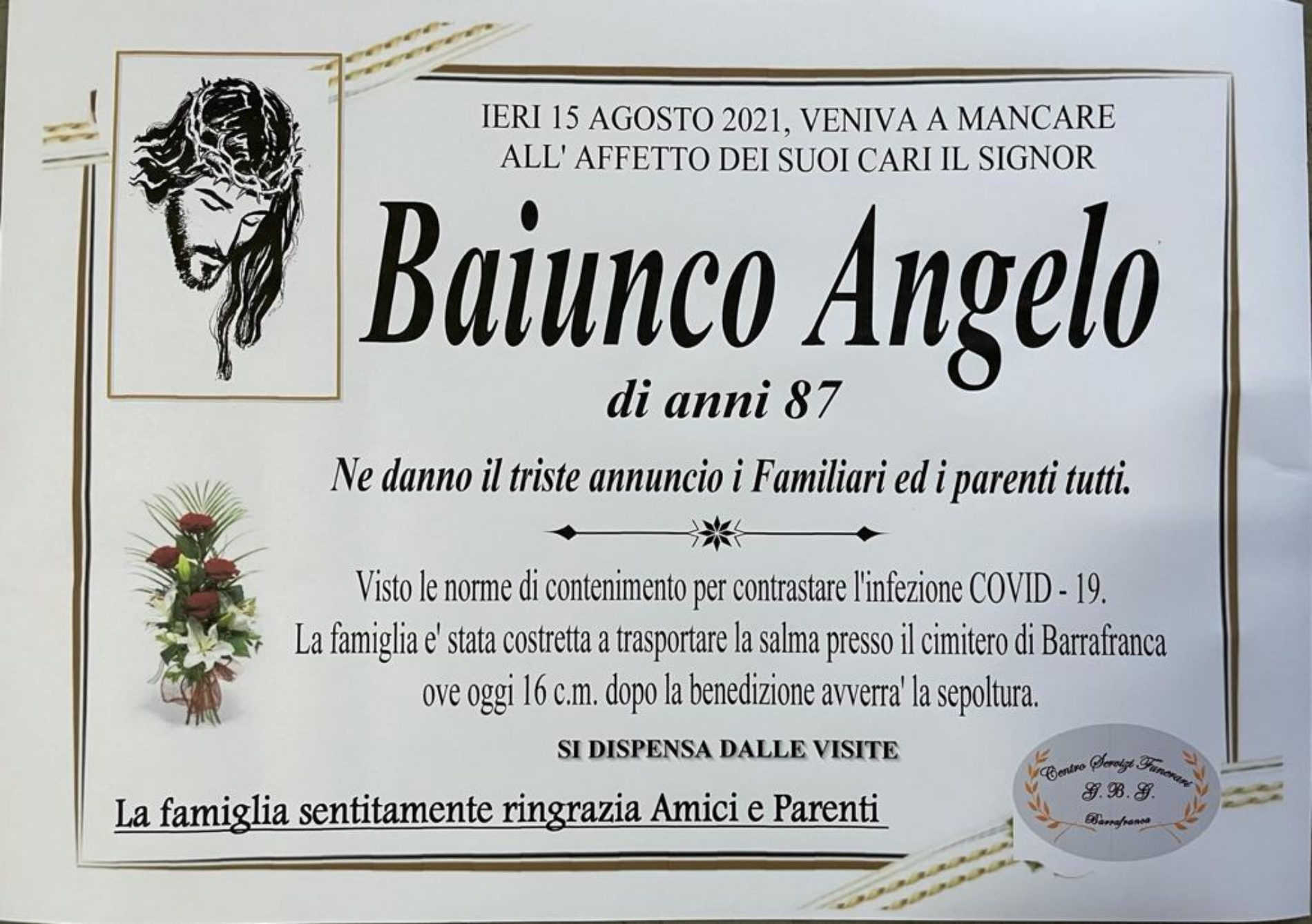Annuncio servizi funerari Agenzia G.B.G. sig. Baiunco Angelo di anni 87