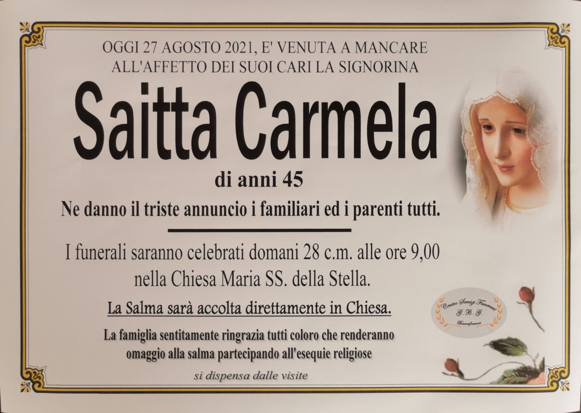 Annuncio servizi funerari agenzia G.B.G. signorina Saitta Carmela di anni 45