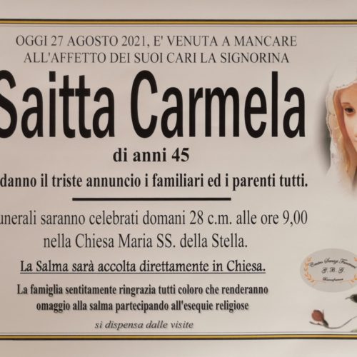 Annuncio servizi funerari agenzia G.B.G. signorina Saitta Carmela di anni 45