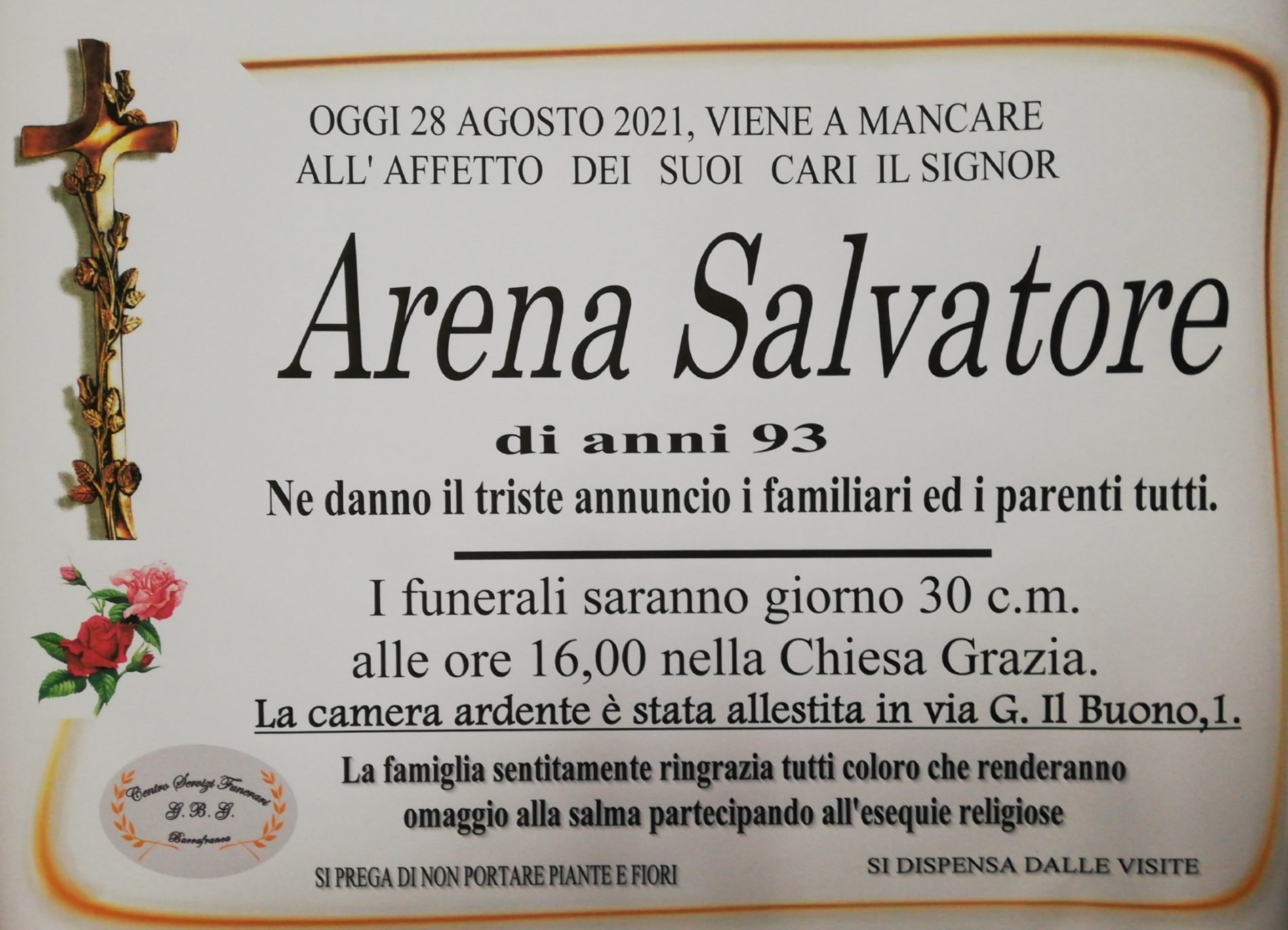 Annuncio servizi funerari agenzia G.B.G. sig. Arena Salvatore di anni 93