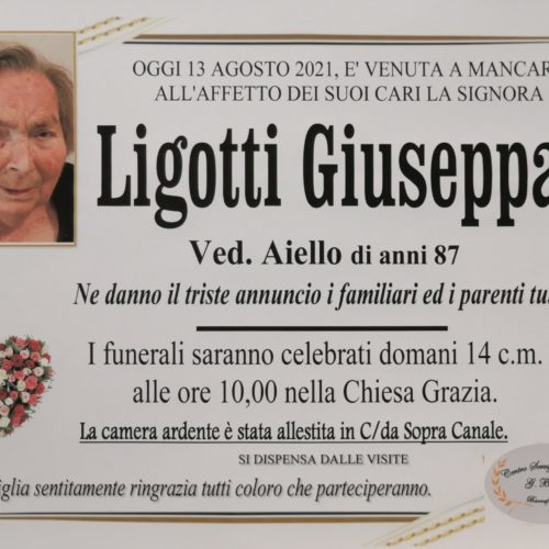 Annuncio servizi funerari agenzia G.B.G. sig.ra Ligotti Giuseppa ved. Aleo di anni 87
