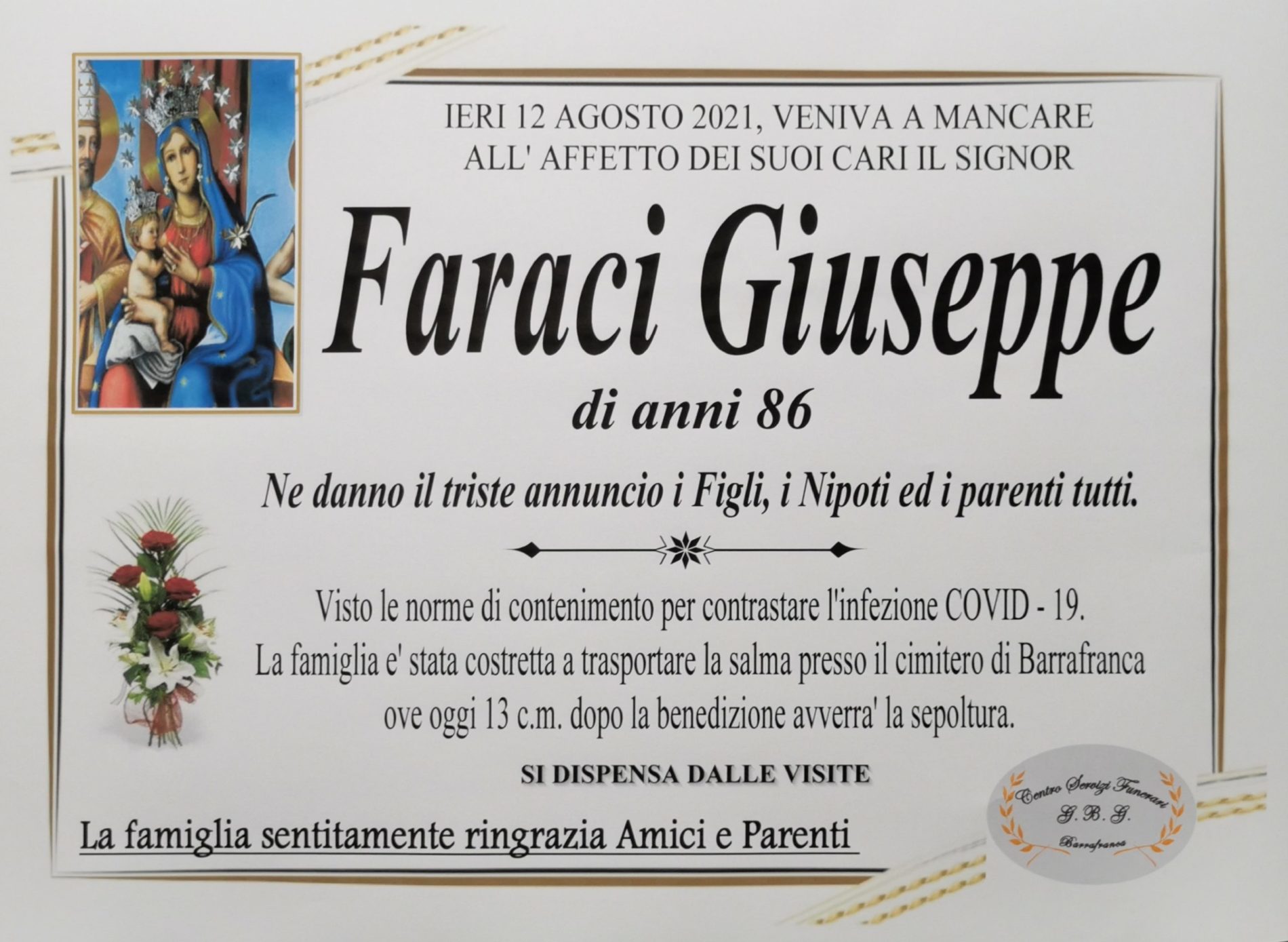 Annuncio servizi funerari Agenzia G.B.G. sig. Faraci Giuseppe di anni 86