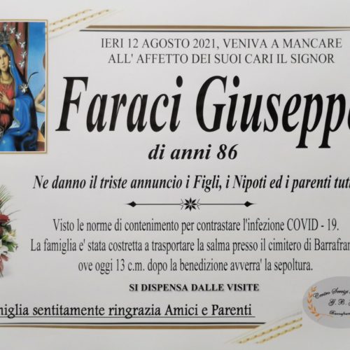 Annuncio servizi funerari Agenzia G.B.G. sig. Faraci Giuseppe di anni 86