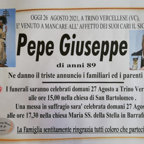 Annuncio servizi funerari Agenzia G.B.G. sig. Pepe Giuseppe di anni 89