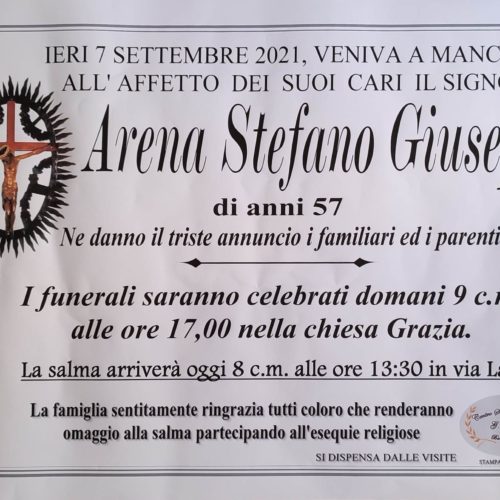 Annuncio servizi funerari agenzia G.B.G. sig. Arena Stefano Giuseppe di anni 57