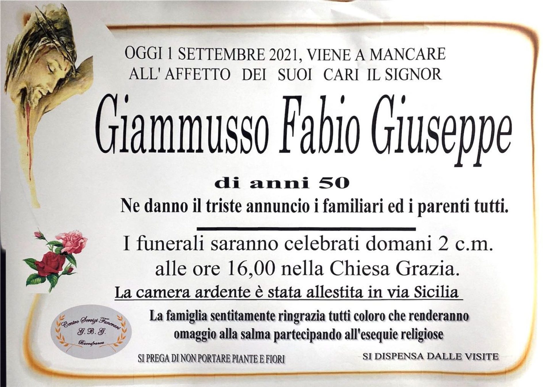 Annuncio servizi funerari agenzia G.B.G. sig. Giammusso Fabio Giuseppe  di anni 50