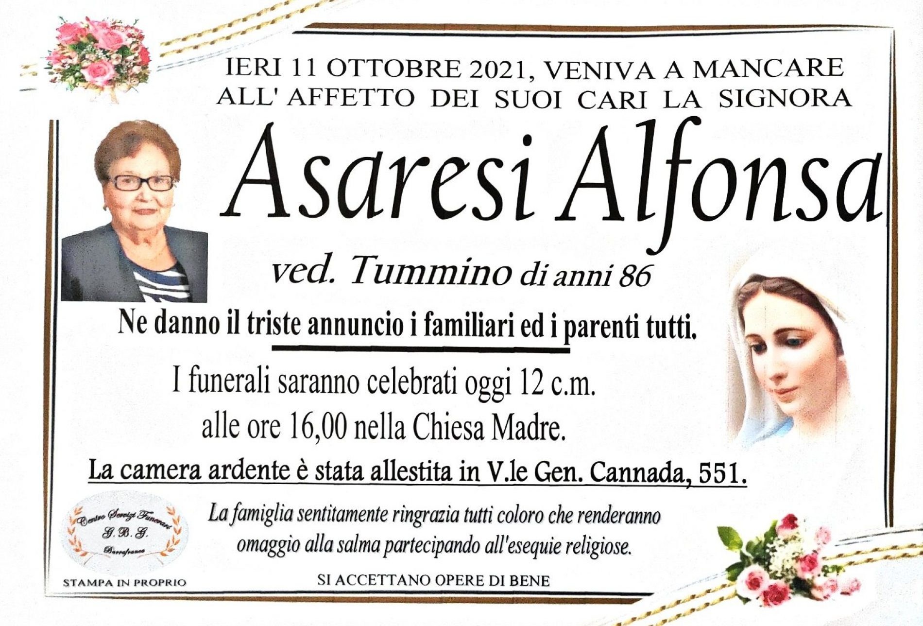 Annuncio servizi funerari agenzia G.B.G. sig.ra Asaresi Alfonsa ved. Tummino di anni 86
