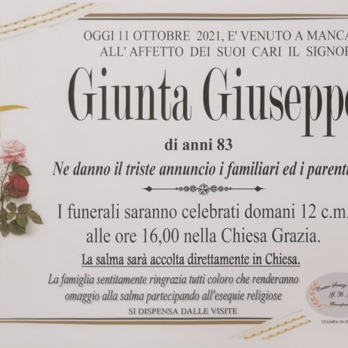 Annuncio servizi funerari agenzia G.B.G. sig. Giunta Giuseppe di anni 83