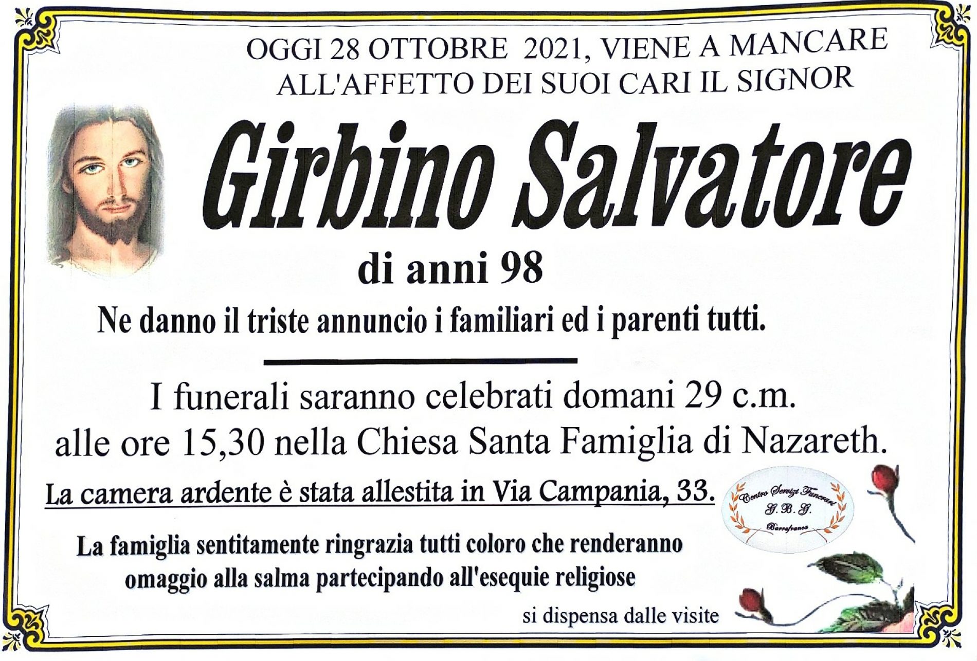 Annuncio servizi funerari agenzia G.B.G. sig. Girbino Salvatore di anni 98