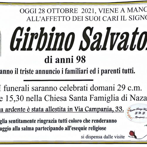 Annuncio servizi funerari agenzia G.B.G. sig. Girbino Salvatore di anni 98