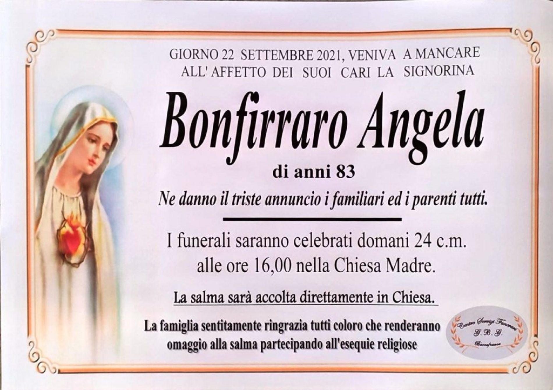 Annuncio servizi funerari agenzia G.B.G. sig.ra Bonfirraro Angela di anni 83