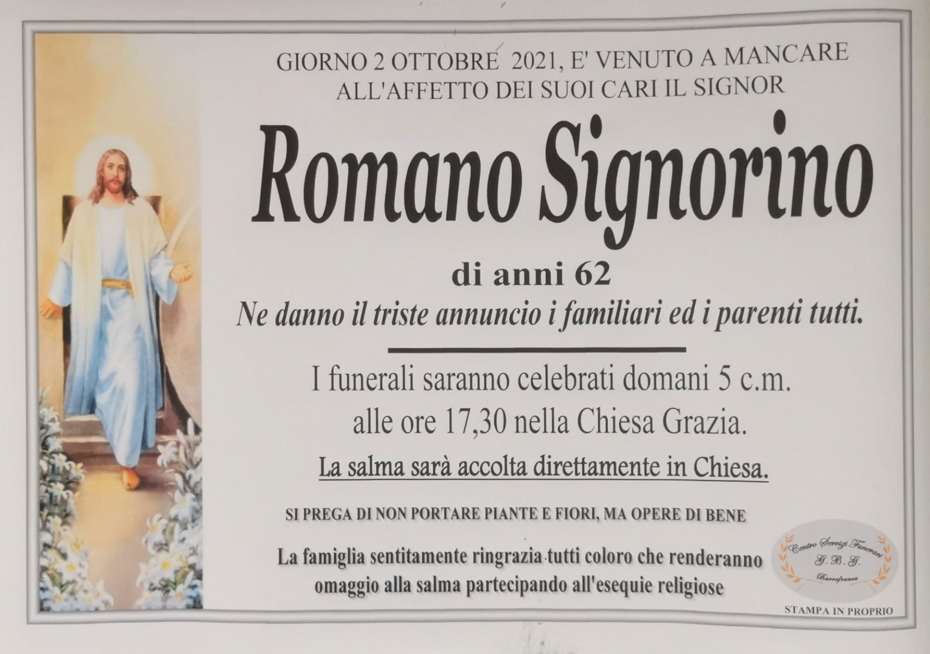Annuncio servizi funerari agenzia G.B.G. sig Romano Signorino di anni 62