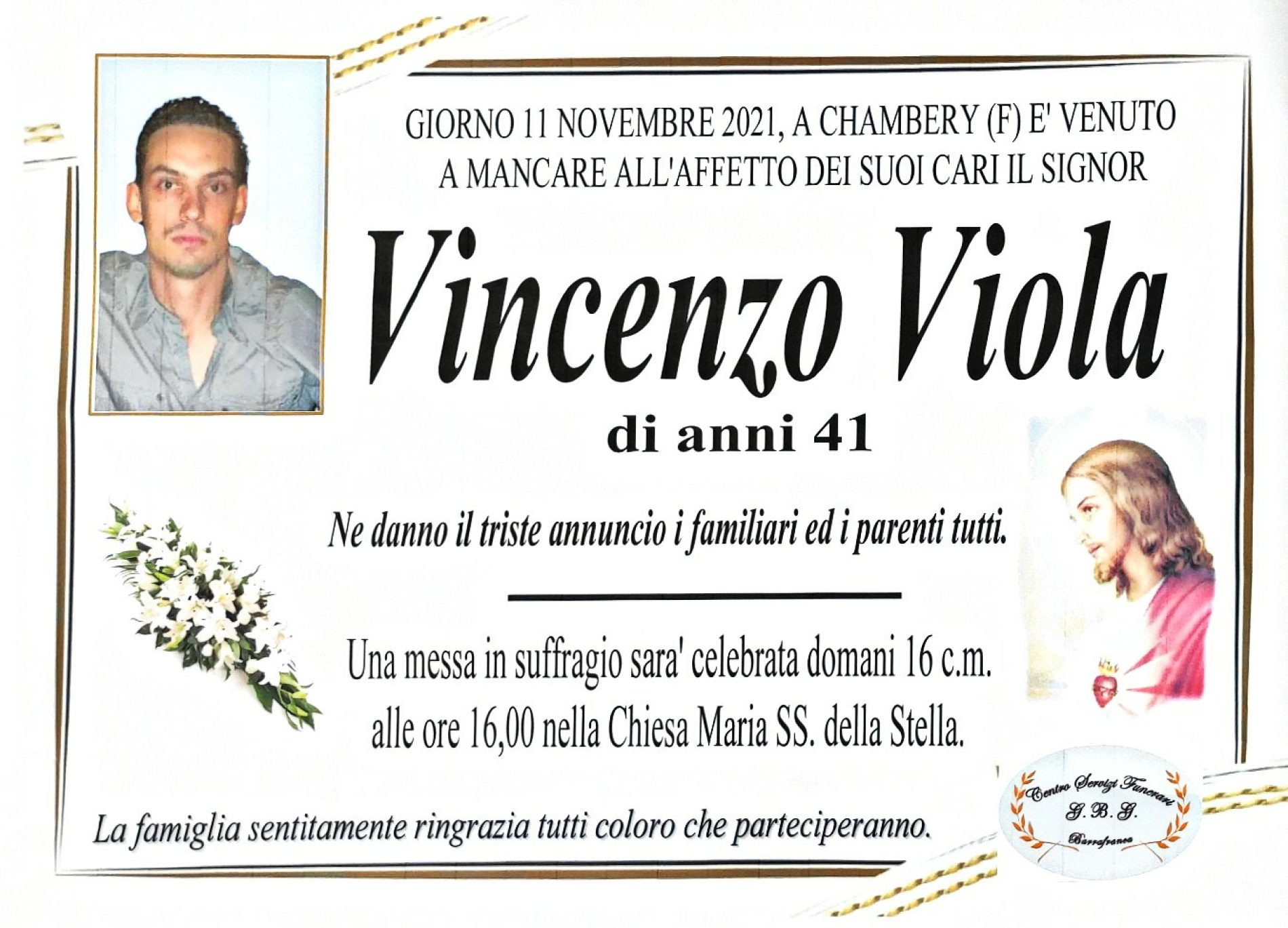 Annuncio servizi funerari agenzia G.B.G. sig. Viola Vincenzo di anni 41