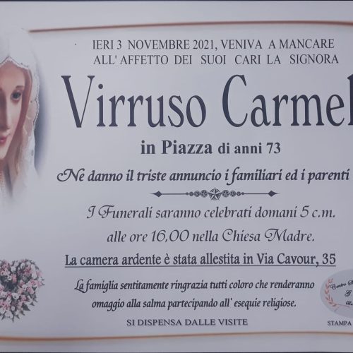 Annuncio servizi funerari agenzia G.B.G. sig.ra Virruso Carmela in Piazza di anni 73
