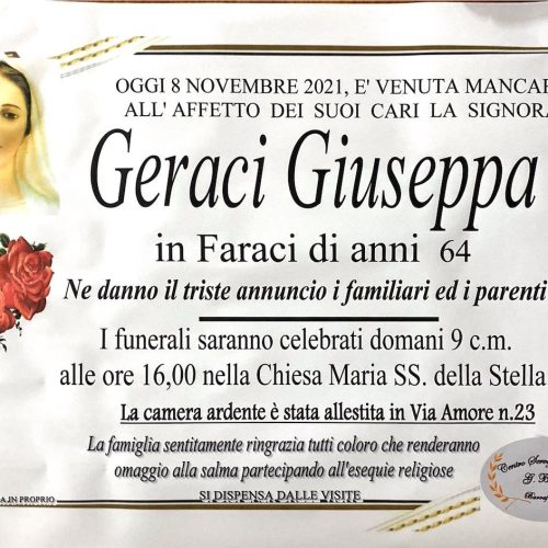 Annuncio servizi funerari agenzia G.B.G. sig.ra Geraci Giuseppa in Faraci di anni 64