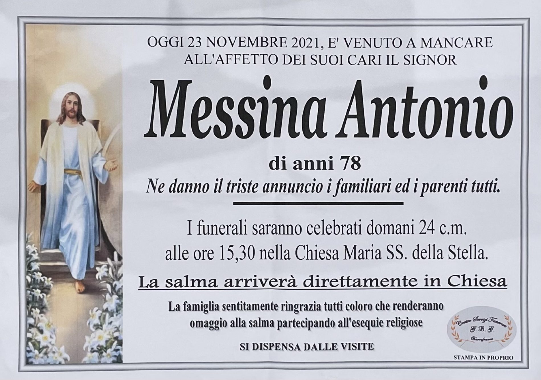 Annuncio servizi funerari agenzia G.B.G. sig. Messina Antonio di anni 78