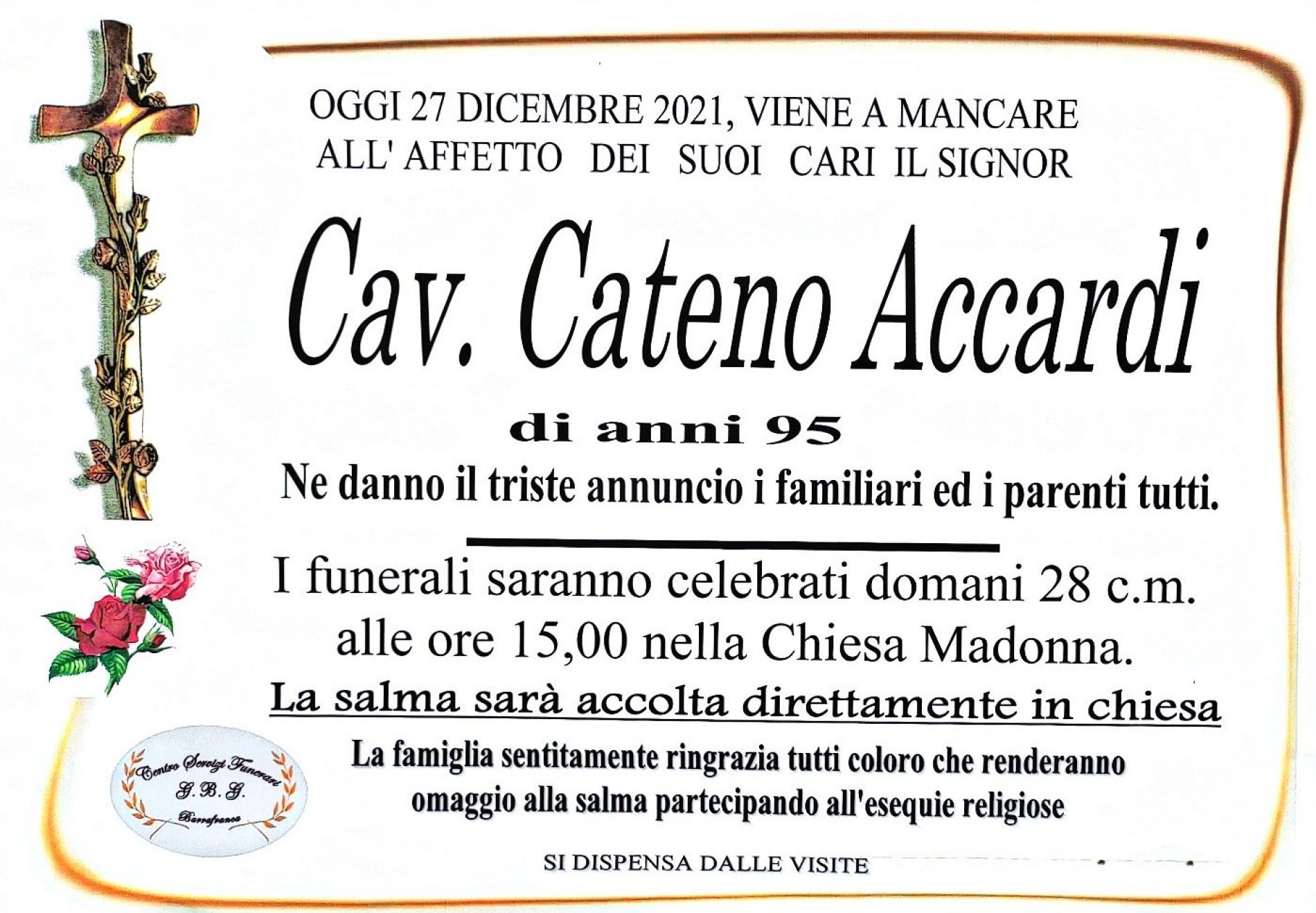 Annuncio agenzia funebre G.B.G.  Cav. Cateno Accardi di anni 95