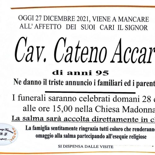 Annuncio agenzia funebre G.B.G.  Cav. Cateno Accardi di anni 95