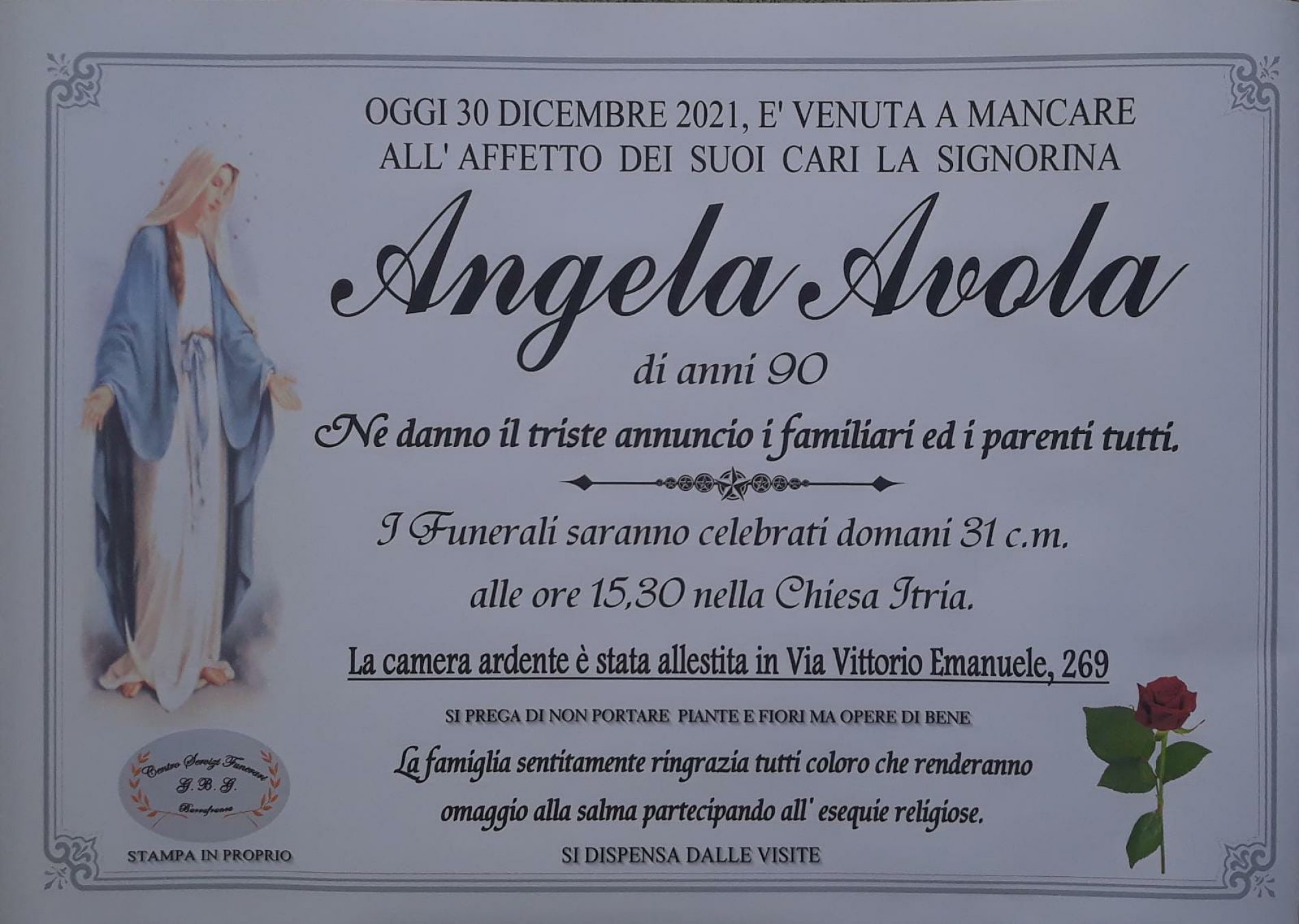 Annuncio servizi funerari agenzia G.B.G. signorina Angela Avola di anni 90