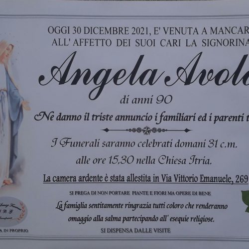 Annuncio servizi funerari agenzia G.B.G. signorina Angela Avola di anni 90