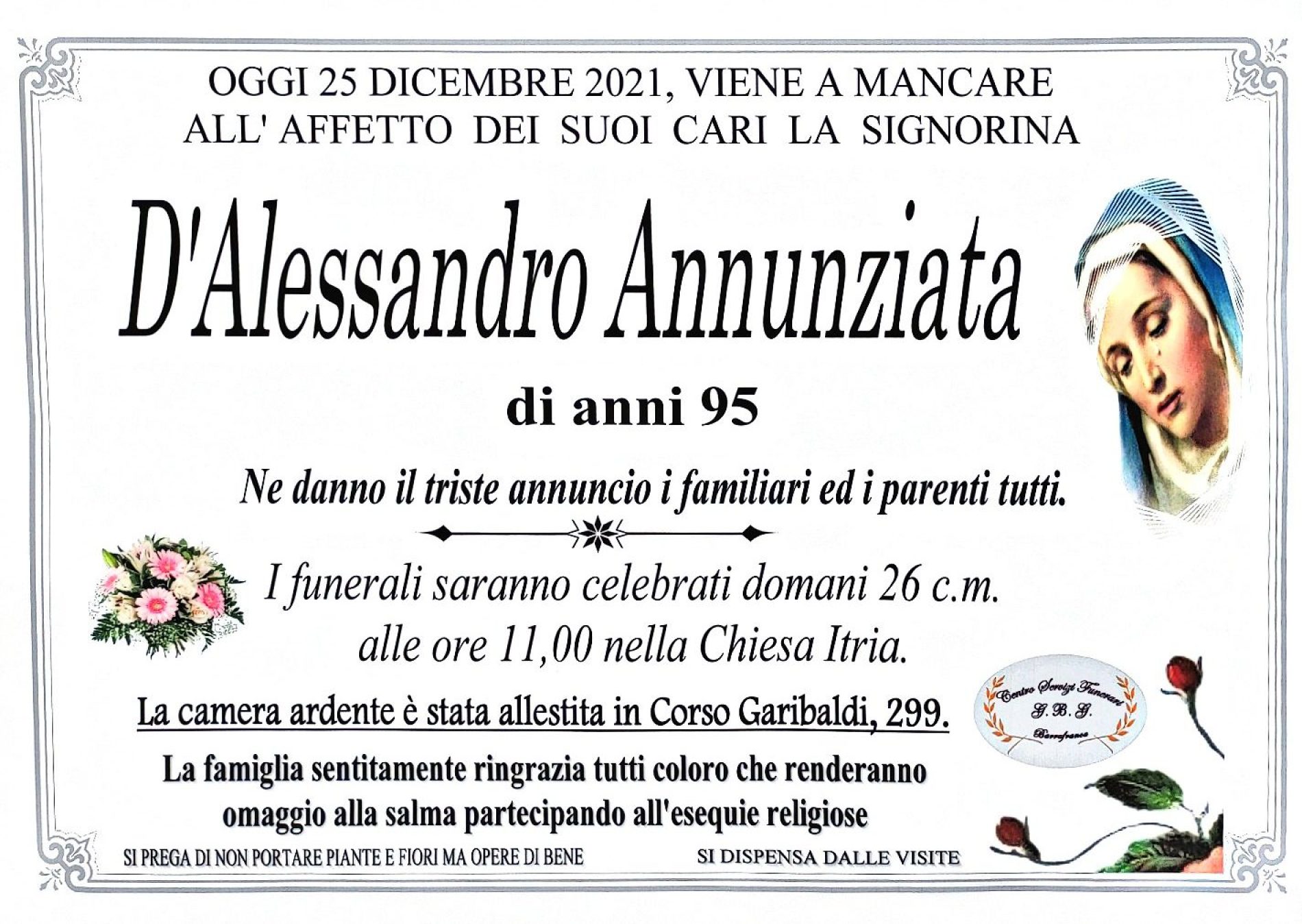 Annuncio servizi funerari agenzia G.B.G. sig.ra D’Alessandro Annunziata di anni 95