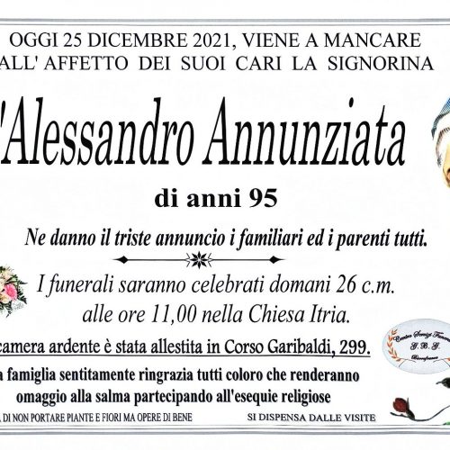 Annuncio servizi funerari agenzia G.B.G. sig.ra D’Alessandro Annunziata di anni 95