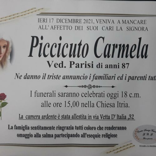 Annuncio servizi funerari agenzia G.B.G. sig.ra Piccicuto Carmela ved. Parisi di anni 87