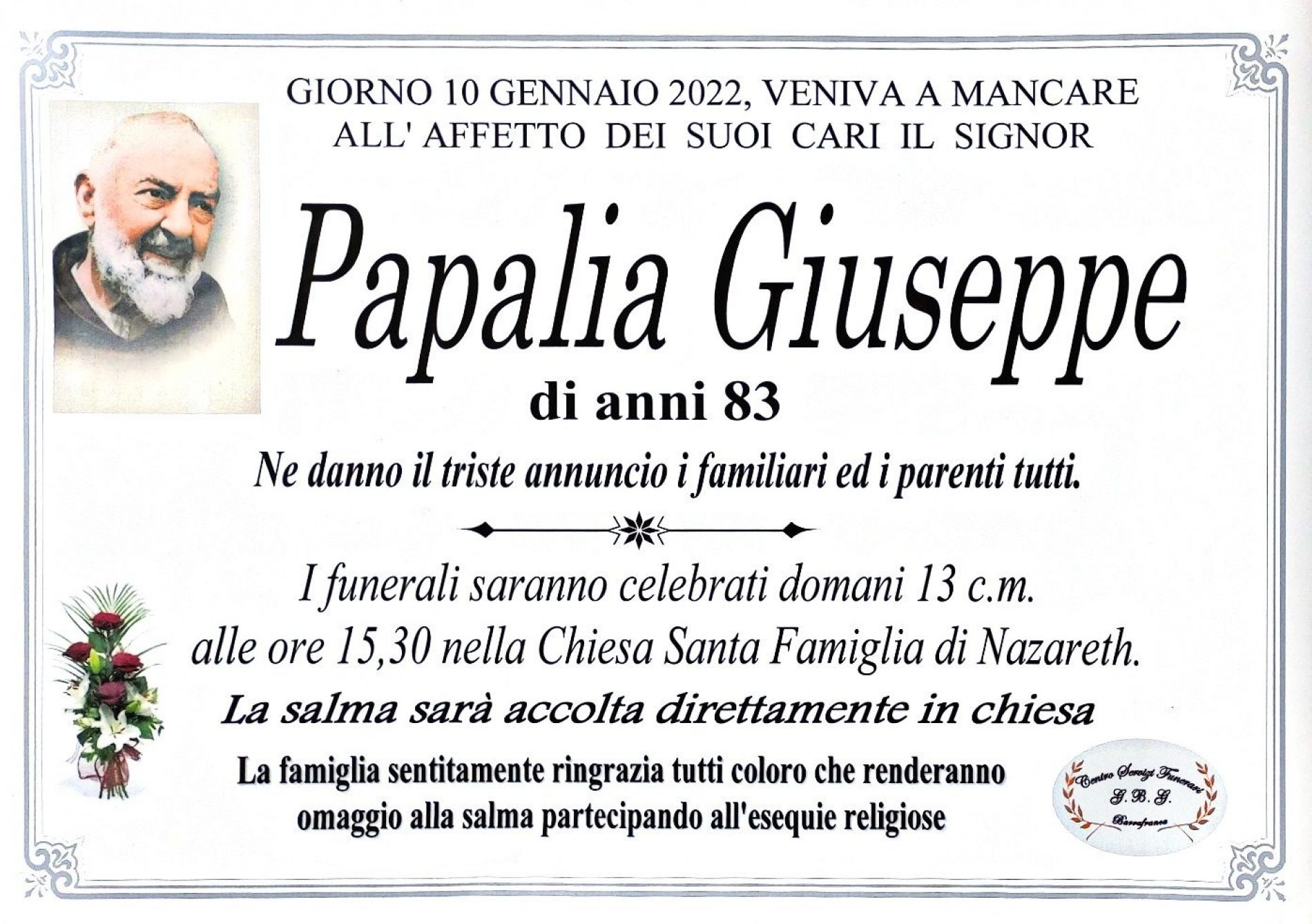 Annuncio servizi fu nerari agenzia G.B.G. sig Papalia Giuseppe di anni 83