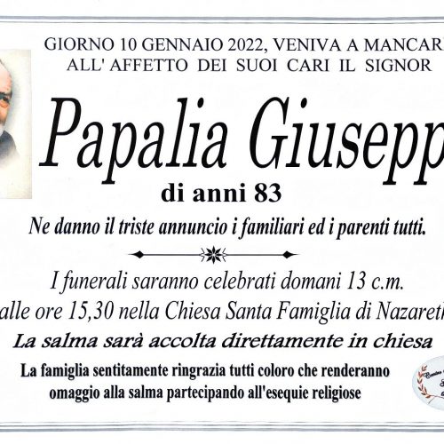 Annuncio servizi fu nerari agenzia G.B.G. sig Papalia Giuseppe di anni 83