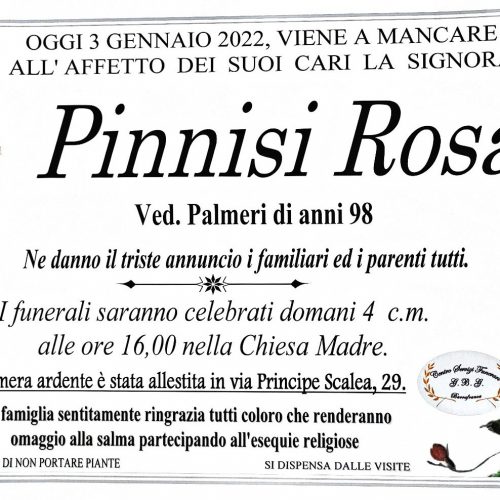 Annuncio servizi funerari agenzia G.B.G. sig.ra Pinnisi Rosa ved. Palmeri di anni 98