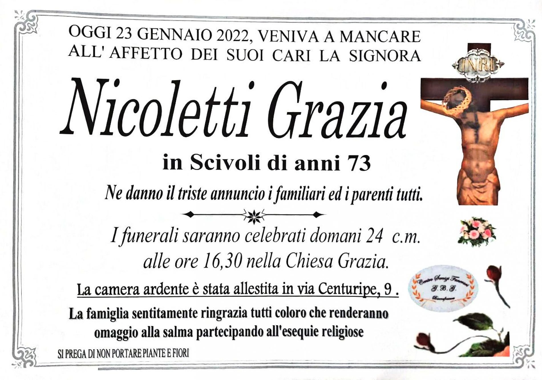 Annuncio servizi funerari agenzia G.B.C. sig.ra Nicoletti Grazia in Scivoli di anni 73
